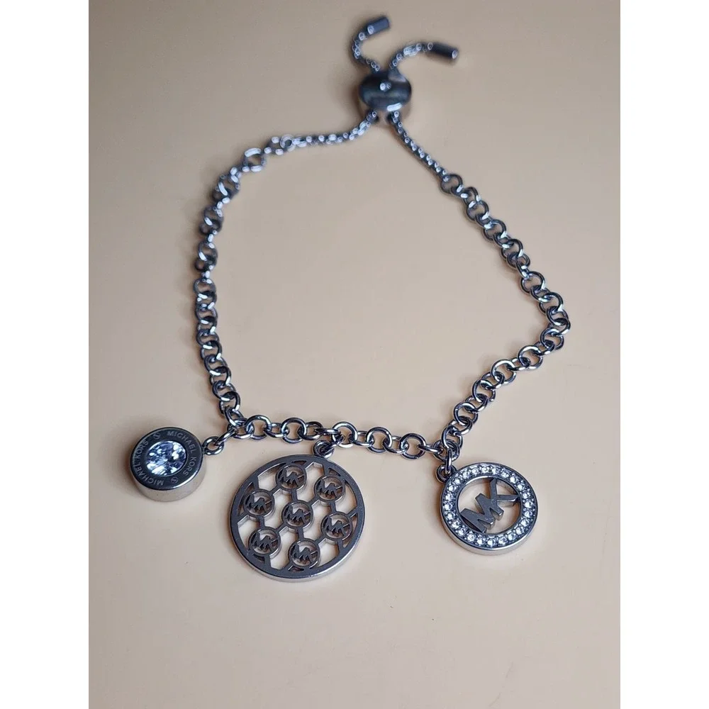 MICHAEL KORS MK Logo 3‎ Piece Charms Silver Chain Slider Bracelet FREE $HIPPING!
